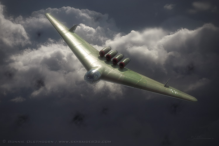 A Ju EF 130 exits rainclouds to plunge into sunlight and AAA