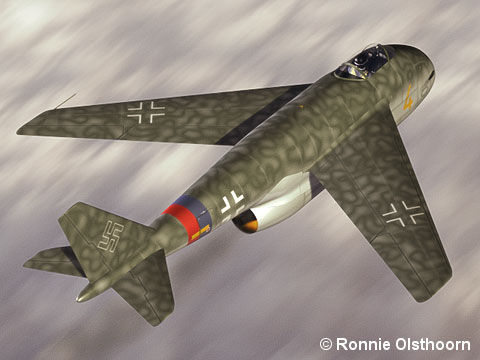 Me P 1101 of JG 7 zooms over the clouds at full throttle